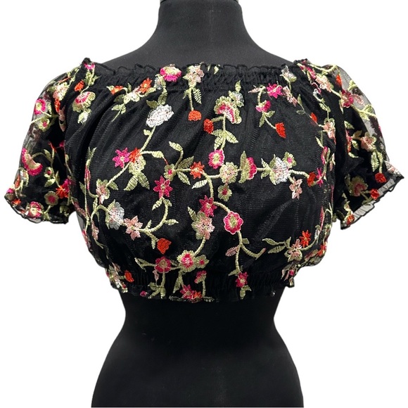 Ambiance Tops - Ambiance Embroidered Floral Blouson Off Shoulder Crop Top Sz L